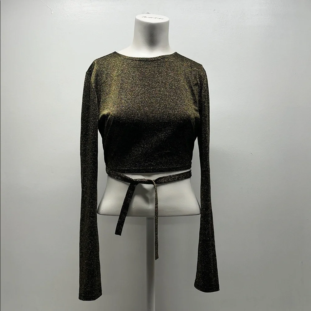 Reformation Jupiter Metallic Crop Top Long Sleeve Tie Blouse Black Gold Large
